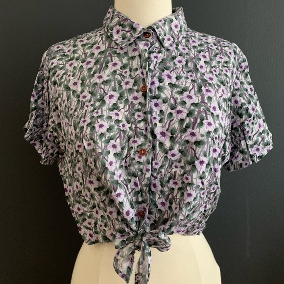American Apparel Floral Tie Front Crop Button Up - Picture 1 of 5